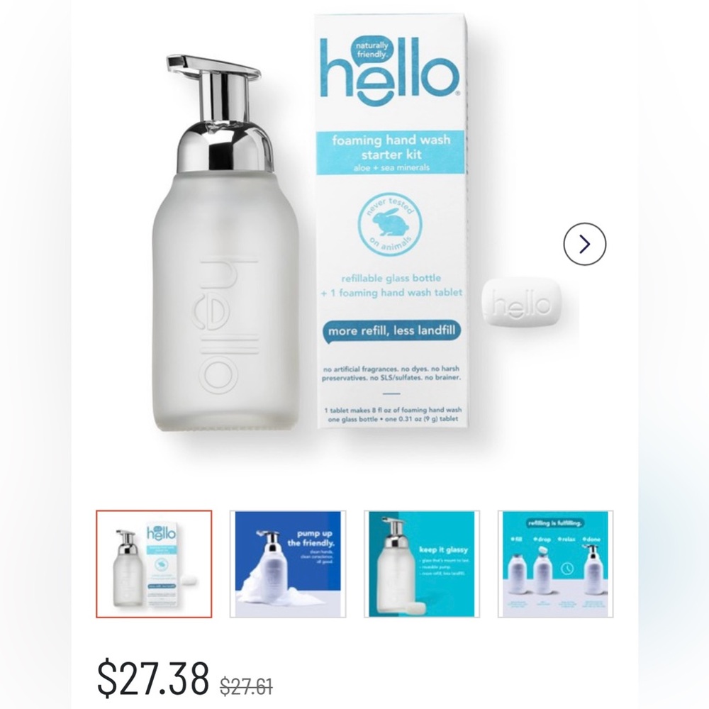 Hello glass soap dispenser with one refill pill. Makes 8 fl oz of soap.